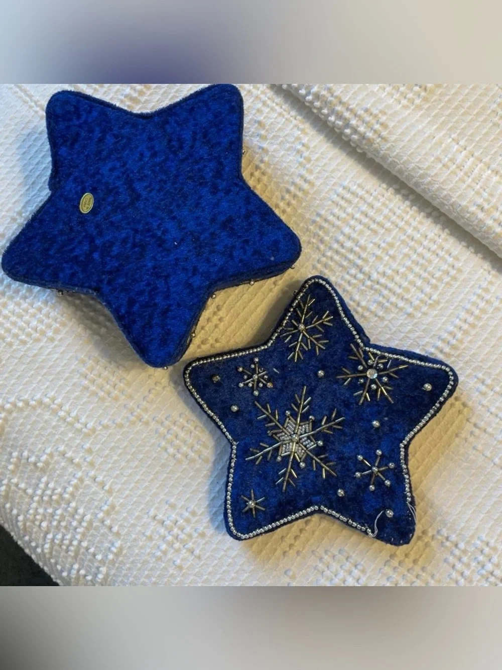Vintage Blue Velvet Beaded Star Snowflake Lidded Box China Made Silver Winter